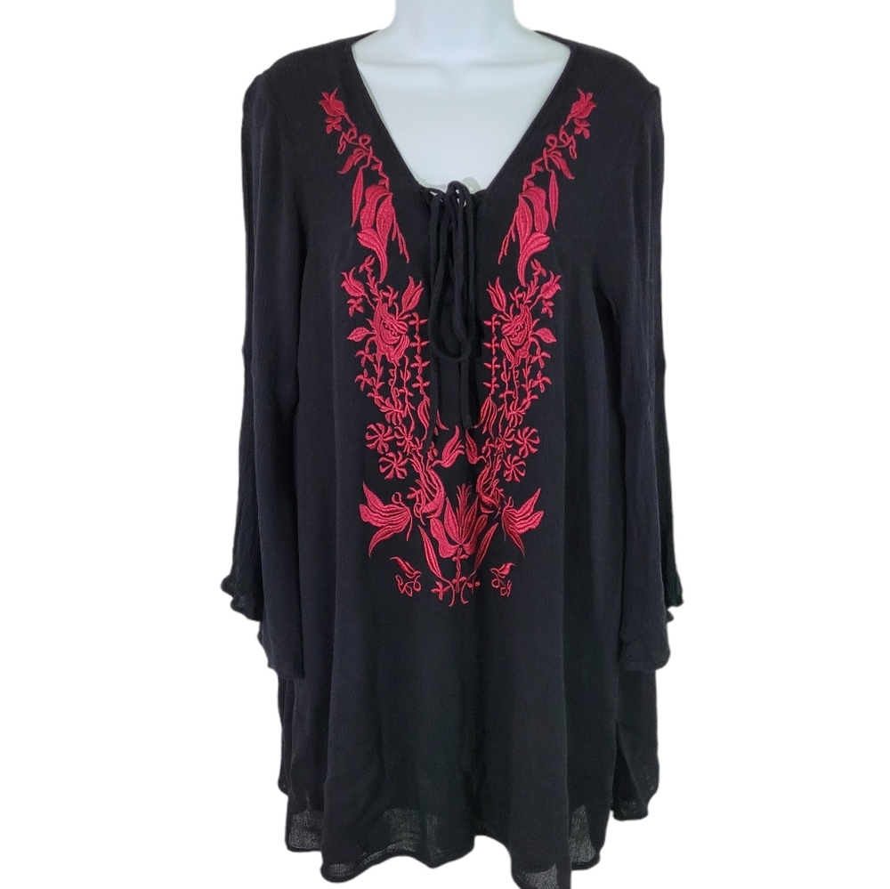 Entro Lace-Up Embroidery Long-Sleeves Tunic Top M